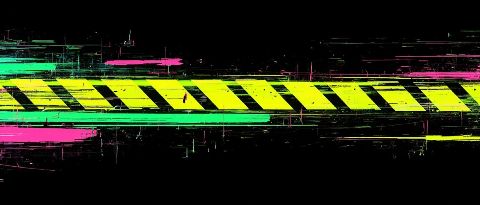A wide abstract neon band: warning-yellow hazard stripes over black with acid green blocks and cyan hairlines.