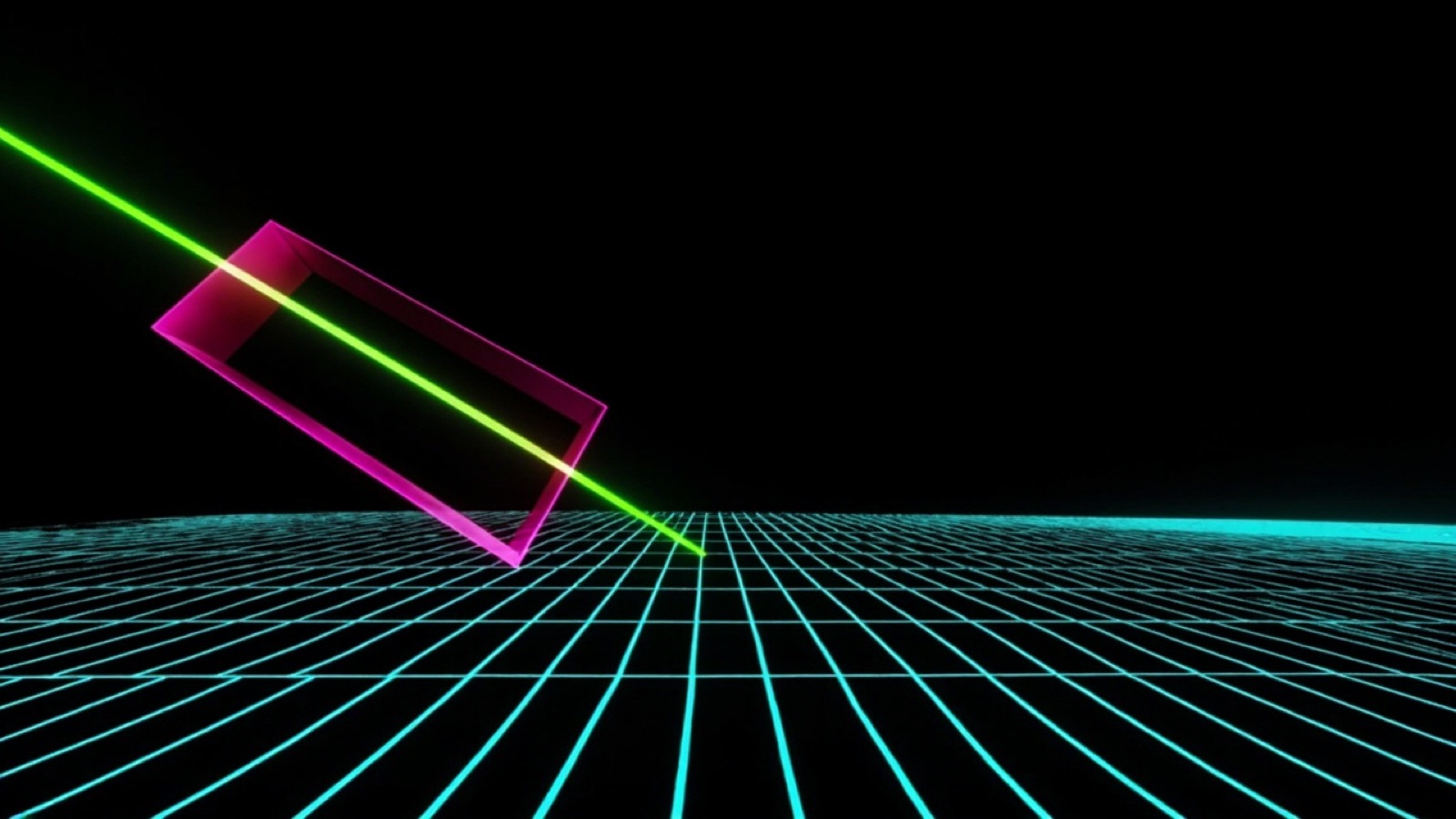 Abstract neon graphic: an electric cyan wireframe grid on black, crossed by an acid green diagonal slash and a hot pink block.